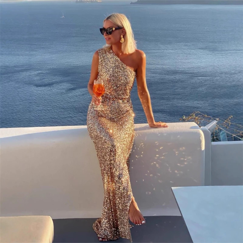 In Stock New Summer Ladies One Shoulder Sequined Slit Elegant Party Dress